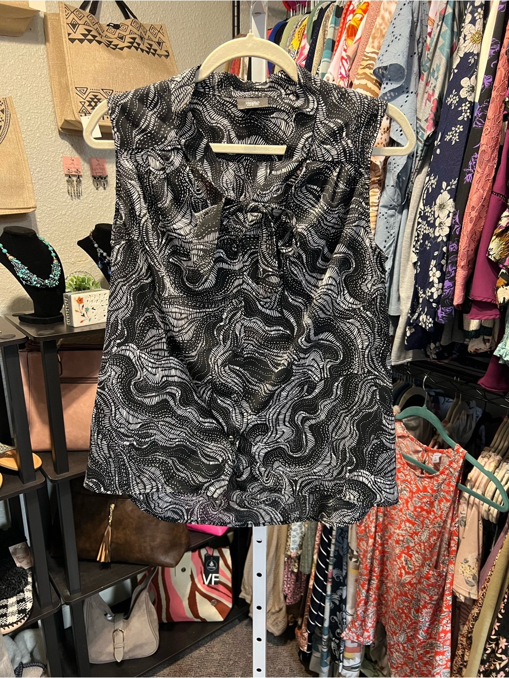 Massimo Black & White Sleeveless Tie-Neck Blouse